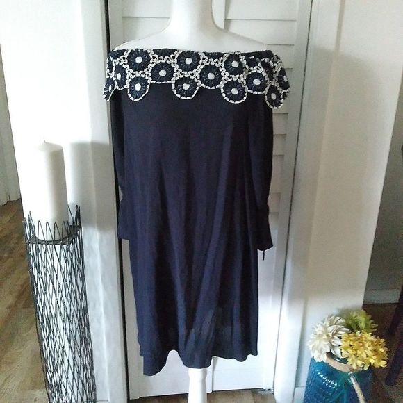 𝅺LOFT Off Shoulder navy pullover daisy collar women Shift Dress tie cuff. Sz. S - Picture 2 of 10
